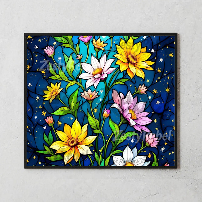 Best tumbler png print on demand – floral stained glass wrap with cosmic stars and vibrant blossoms
