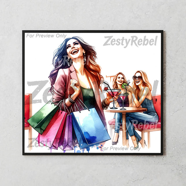 20oz sublimation wrap with watercolor illustration of girls’ outing with fashion and drinks.