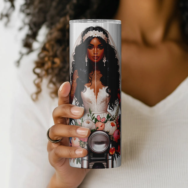 Modern wrap PNG showing bride riding motorcycle into love with style – for bold wedding crafters and sellers.