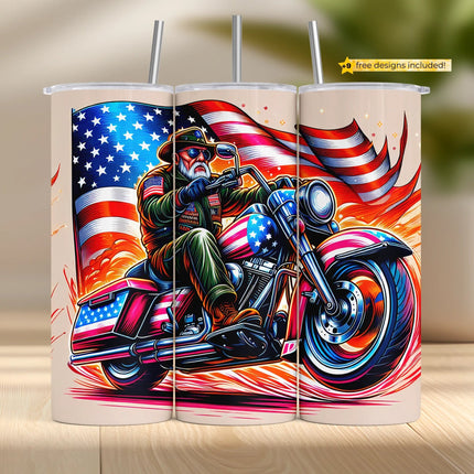 Veteran biker on a red, white, and blue motorcycle with American flag background for sublimation.
