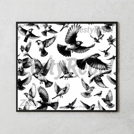 Minimalist tumbler wrap with flying bird illustrations in classic vintage engraving style for sublimation.