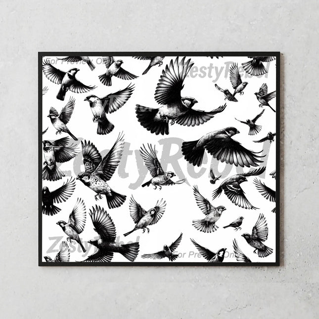 Minimalist tumbler wrap with flying bird illustrations in classic vintage engraving style for sublimation.