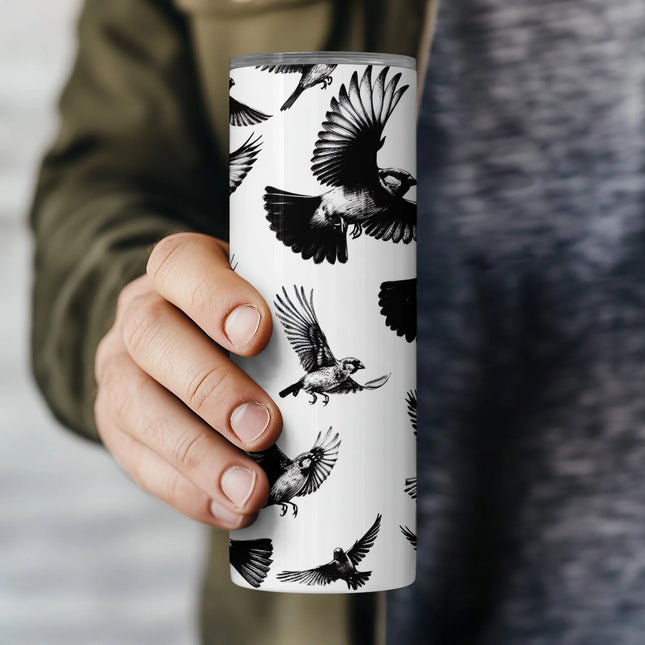 Printable PNG design with monochrome flying birds, perfect for sublimating 20oz skinny tumblers and more.