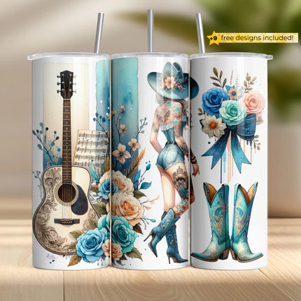 Cowgirl tumbler wrap with blue boots, floral hat, and tattooed Western design for sublimation.