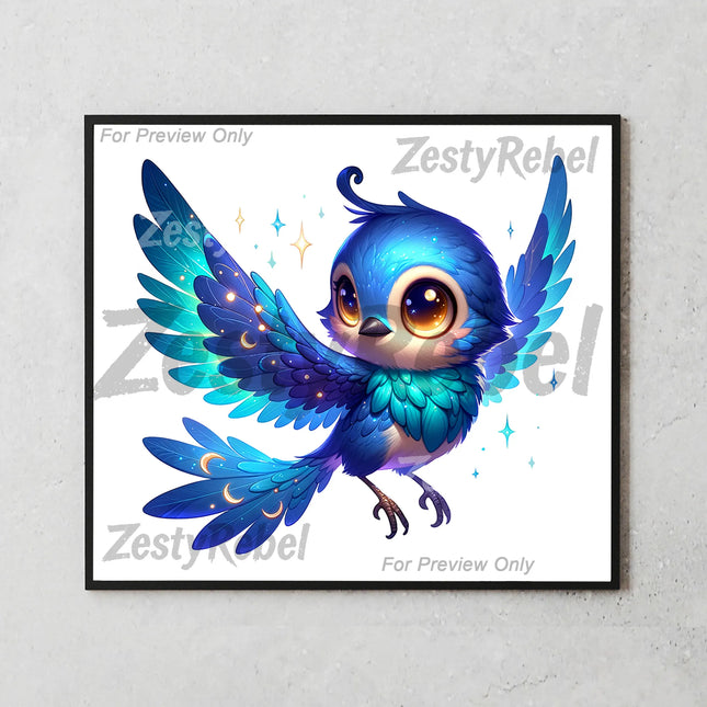 Best tumbler png for wall art and print on demand – celestial bluebird with sparkles and night sky wings