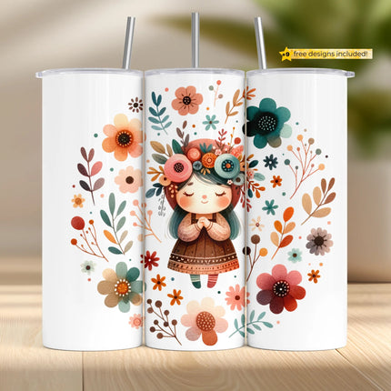 Cute teal-haired girl in floral crown on a tumbler wrap design for 20oz sublimation projects.
