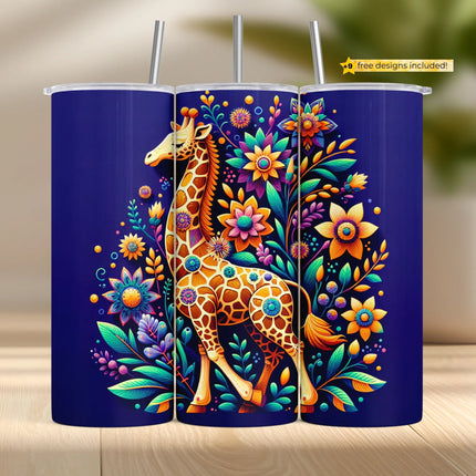 Boho sublimation tumbler wrap with vibrant floral giraffe design for 20oz skinny cups.