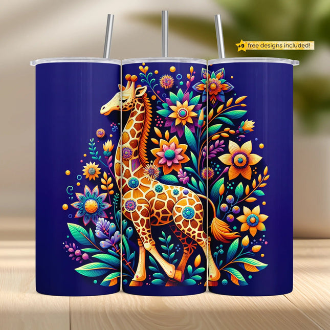 Boho sublimation tumbler wrap with vibrant floral giraffe design for 20oz skinny cups.