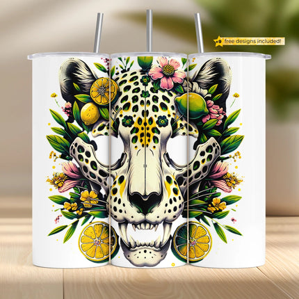 20oz tumbler design with tropical leaves, citrus slices, and fierce skull art