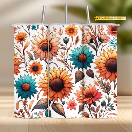 Boho sunflower tumbler wrap design with orange and teal flowers, perfect for sublimation crafts and DIY gifts.