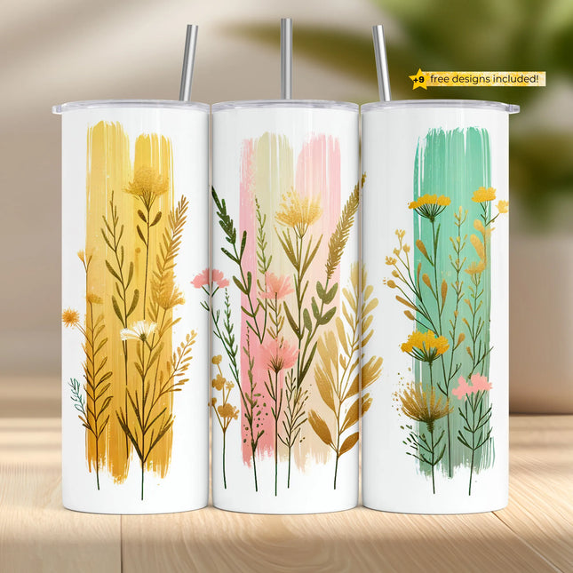 Buy tumbler png with pastel wildflowers – watercolor floral wrap for sublimation and POD drinkware