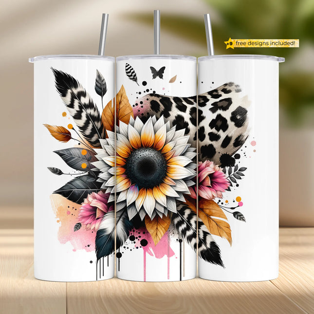 Tumbler wrap design with large sunflower, leopard print, feathers, and soft pink floral accents.