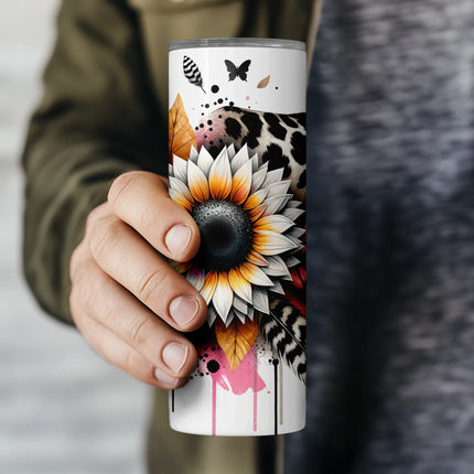 Flat PNG file preview of seamless boho sunflower and leopard sublimation wrap for 20oz tumbler crafting.