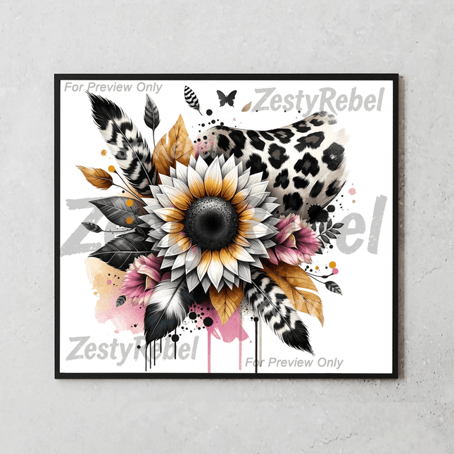 Mockup of 20oz skinny tumbler featuring boho sunflower, fall leaves, and animal print details.