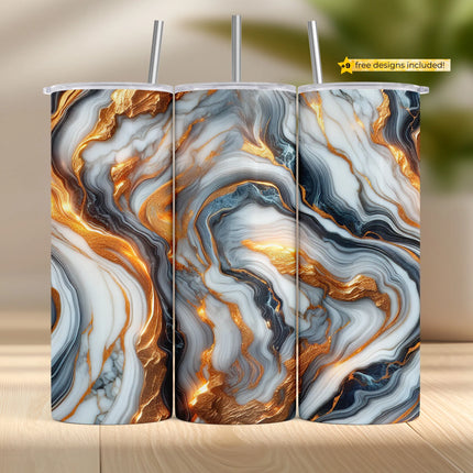 Luxury marble tumbler wrap with fiery gold veins, black and white marble textures, and seamless flow.