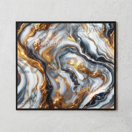 Mockup of 20oz skinny tumbler featuring bold black, white, and molten gold marble sublimation design.