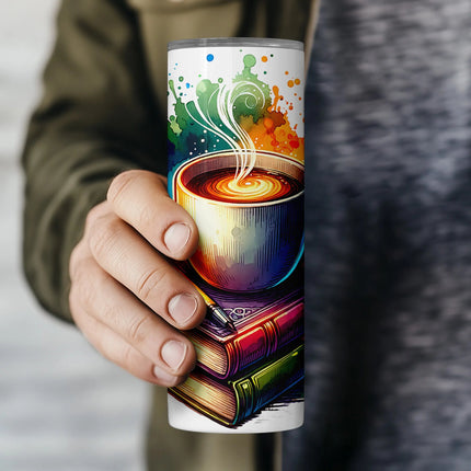 Sublimation PNG design with rainbow paint splashes behind coffee cup and vintage books