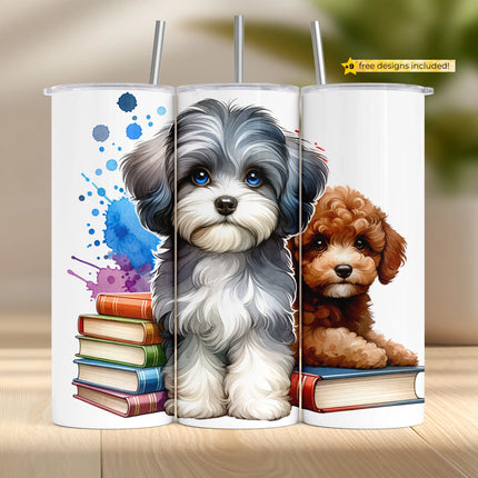 Tumbler wrap PNG featuring fluffy puppies with books and watercolor splashes for sublimation use.