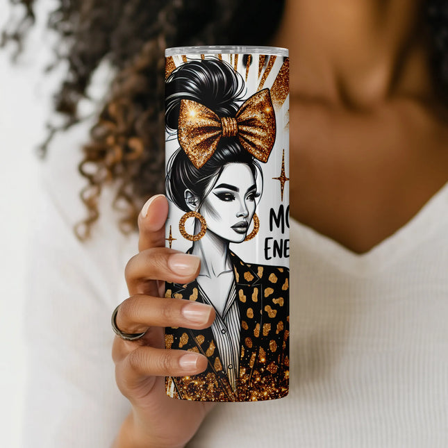Close-up of gold glitter accents, hoop earrings, and leopard jacket on bold mom sublimation design.