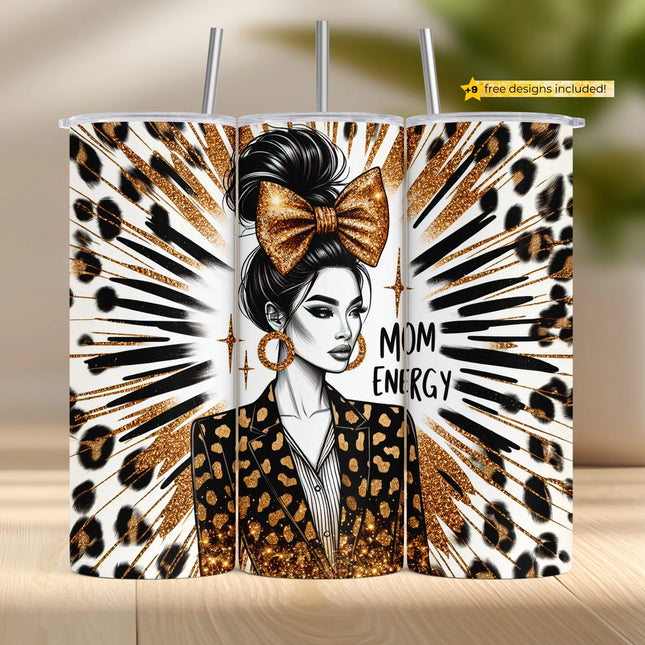 Tumbler wrap design with fashion-forward mom in leopard blazer, gold glitter bow, and bold glam vibes.