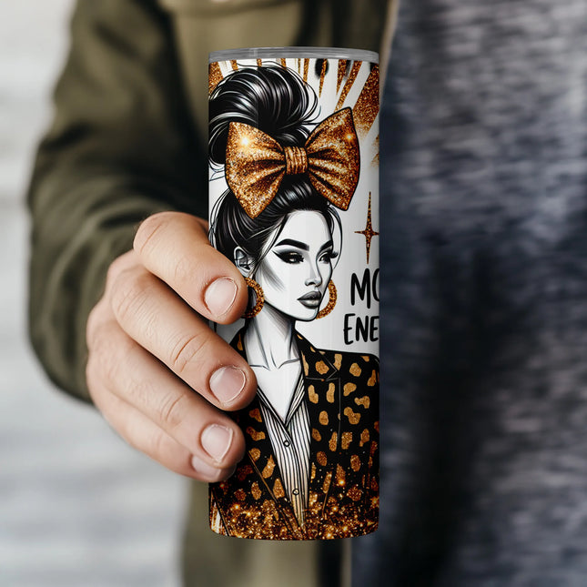 Flat PNG file preview of seamless “Mom Energy” tumbler wrap with glitter, animal print, and empowering aesthetic.