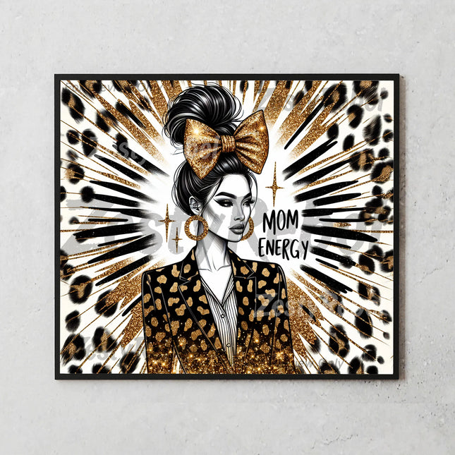 Mockup of 20oz skinny tumbler featuring stylish mom illustration with sparkling bow and leopard print.