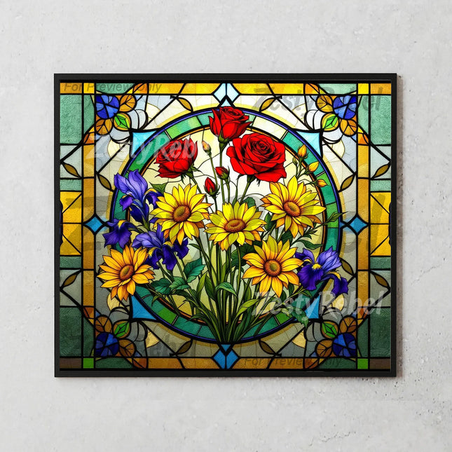 20oz tumbler wrap PNG with radiant stained-glass flower bouquet in red, yellow, and purple hues.