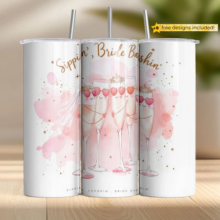 Buy tumbler png for sublimation – champagne flutes bride bash design with pink watercolor sparkle