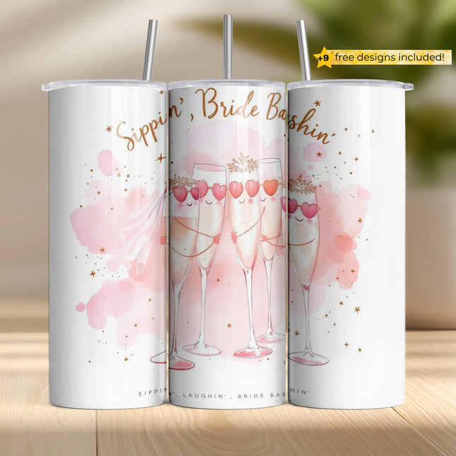Buy tumbler png for sublimation – champagne flutes bride bash design with pink watercolor sparkle