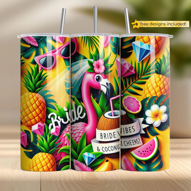 Buy tumbler png for sublimation – tropical bride flamingo wrap with coconut drink and pineapples