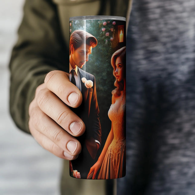 Wedding-themed tumbler PNG for sublimation with floral romance and elegant evening glow.