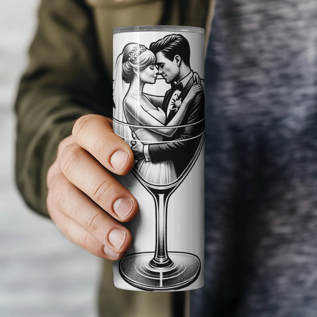 High-contrast black and white wrap showing wedding couple in a cocktail glass – great for custom tumblers.