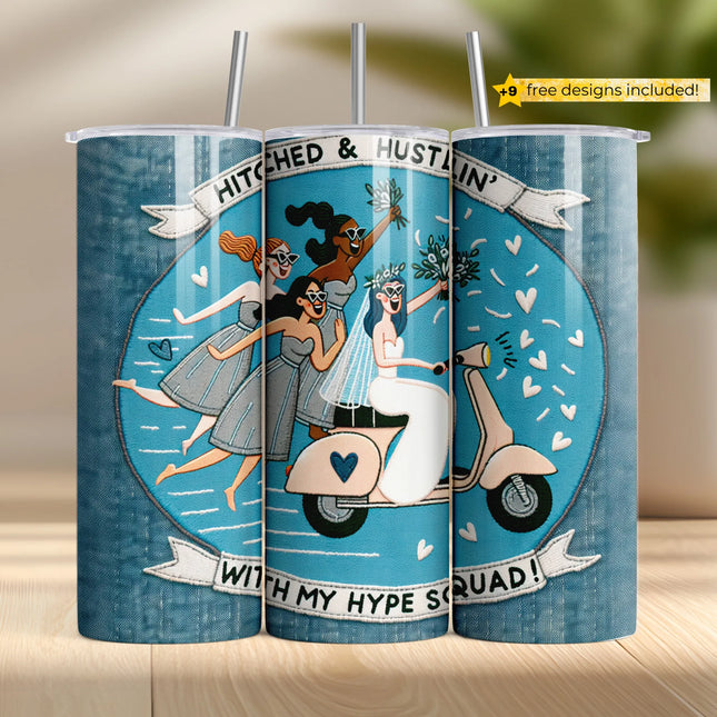 Buy tumbler png for sublimation – bride on scooter with bridesmaids wrap for wedding crafting