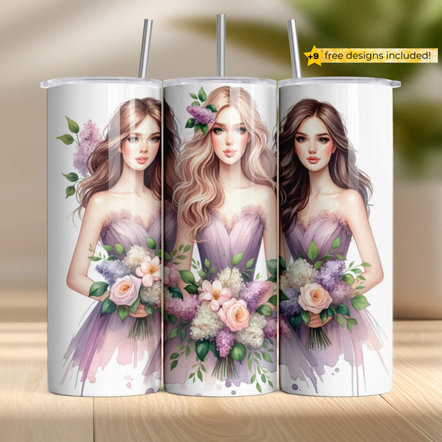 Buy tumbler png for sublimation – elegant lavender bridesmaid design with watercolor florals