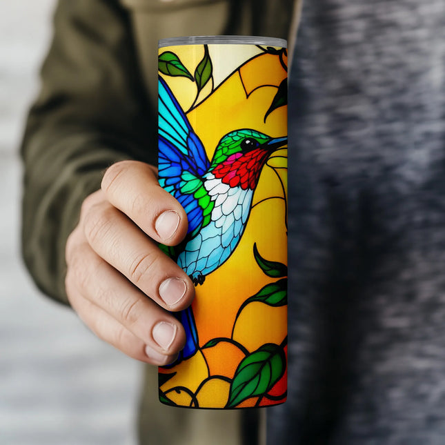 High-resolution PNG wrap with stained glass hummingbird and greenery, ideal for POD or handmade gifts.