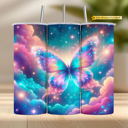 Butterfly tumbler wrap PNG featuring pastel galaxy clouds and glowing stars for sublimation crafts.