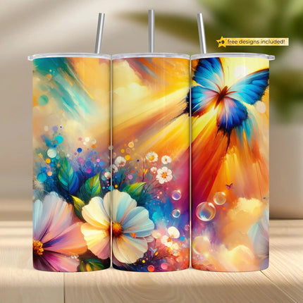 Vibrant watercolor tumbler wrap featuring a blue butterfly, sunlight, and florals for 20oz sublimation crafting.