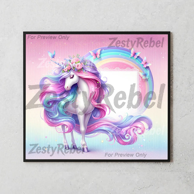 Beautiful pastel unicorn with butterflies and sparkles – perfect for DIY tumbler crafts.