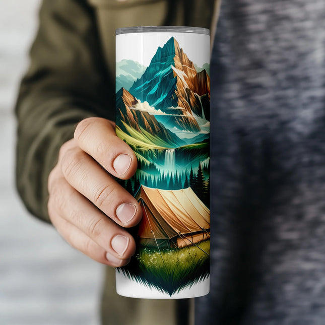 Buy tumbler png digital alpine design – sublimation wrap with tent, waterfall, and forest scene