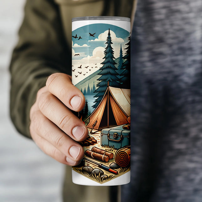 Buy tumbler png digital campfire gear design – sublimation wrap with rustic tent and tools