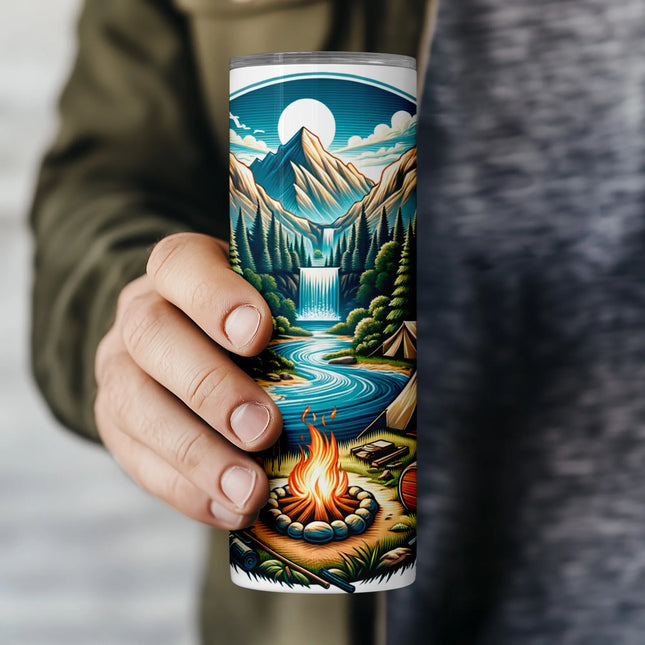 Buy tumbler png digital river tent design – sublimation wrap with forest, fire, and outdoor scene