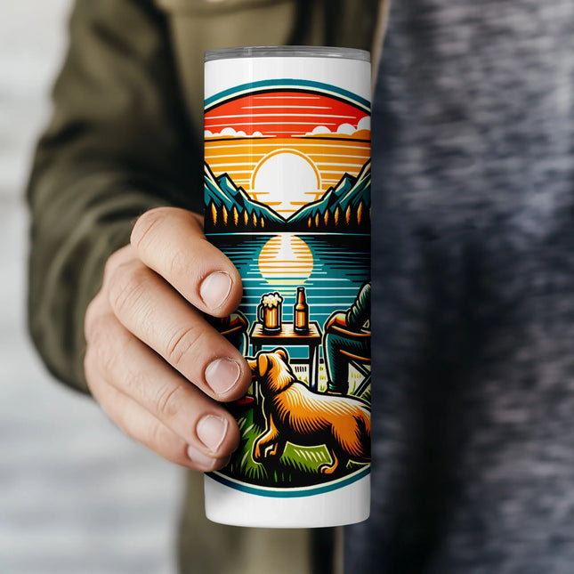 Buy tumbler png sunset couple design – sublimation wrap download with tent, trailer, and drinks