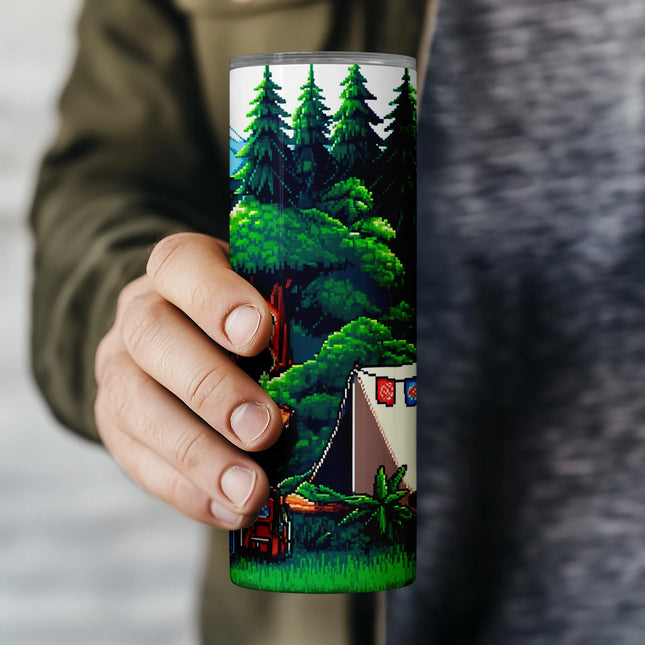 Buy tumbler png gamer camping design – sublimation wrap download for crafters and pixel art fans