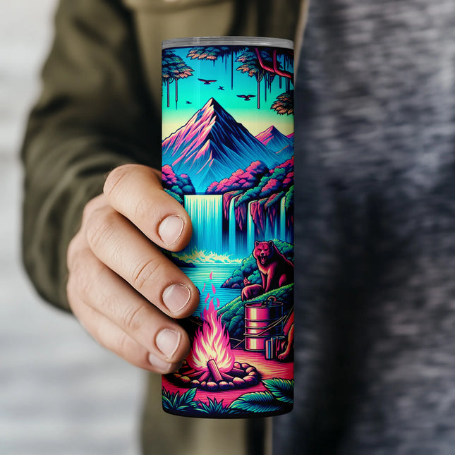 Buy tumbler png tropical campfire design – digital sublimation wrap with bears and mountains