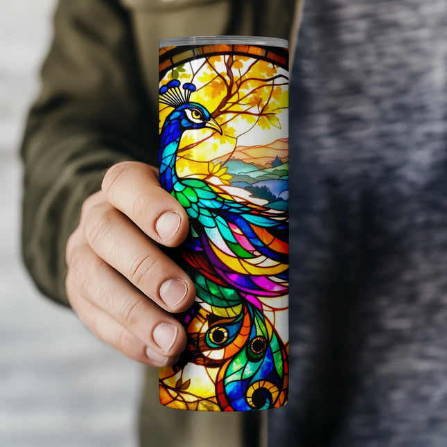Buy tumbler png peacock digital wrap – stained glass download for drinkware, wall art, and POD designs