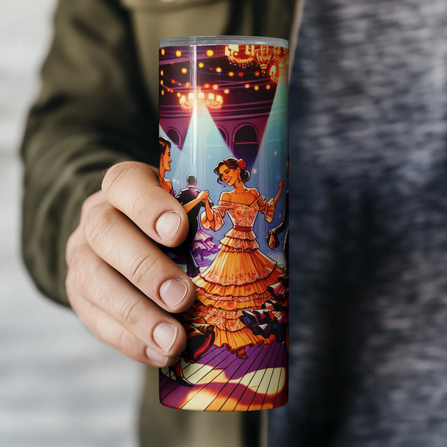 a person holding a coffee cup with a painting on it