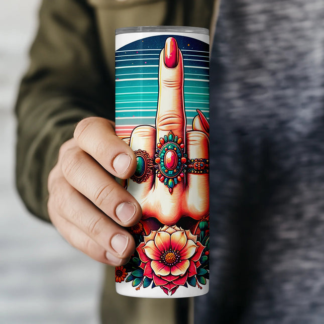 Desert vibes meet sass in this sublimation wrap – middle finger tumbler PNG for 20oz DIY crafting, POD gifts, and digital sellers.