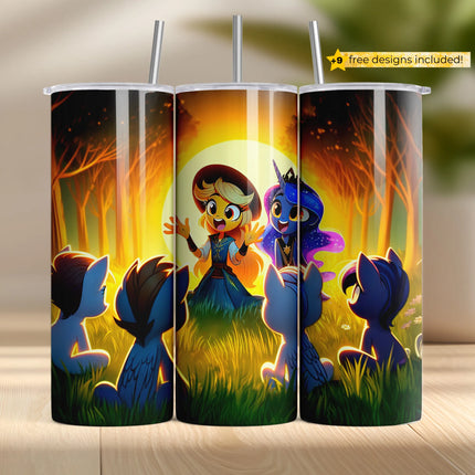 Adorable unicorn and ponies gathered for a magical storytime in a glowing forest scene.