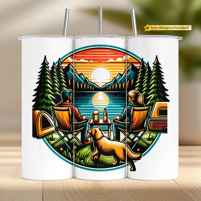 Buy camping couple sunset tumbler png for sublimation – romantic outdoor wrap with dog and lake view