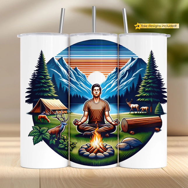 Buy camping meditation tumbler png for sublimation – digital wilderness design with fire and forest